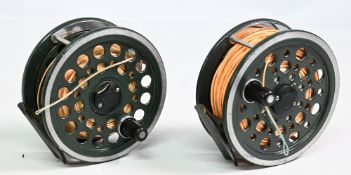 A pair of Shakespeare Beaulite alloy salmon fly reels, 4 ¼” wide ventilated spool, 2 screw latch,