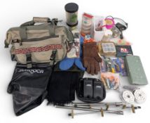 Collection of Fishing Tackle, Bag, Clothes Accessories, a good pair of Delkim bite indicators, a