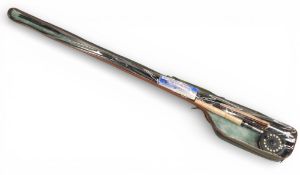 Fly-selection carbon combo rod/reel outfit, 8’ 2 piece rod, #5/6, shrink wrap to handle and a fly-