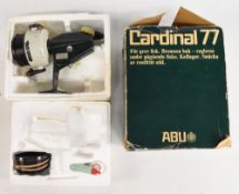 Abu Cardinal 77 spinning reel, foot stamp 740607, runs well, good strong bail, c/w spare spool,