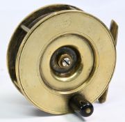 Struan Patent polished brass fly reel c1895, 4” solid spool, large brown domed handle, 6 pillar