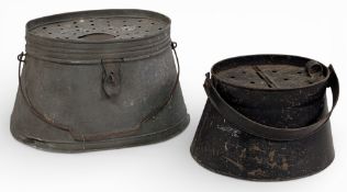 2x Period Bait Tins, with handles, galvanised and a painted black tin - in used condition, with