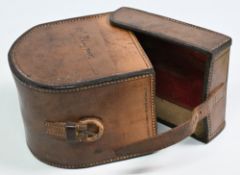 C Farlow & Co, 191 The Strand London, ‘D’ block leather reel case, 4 ½” x 4 ½” x 2”, very good strap