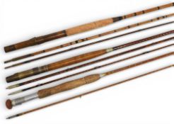 J E Miller of Leeds split cane c1924 trout fly rod, 9ft 6” 3pc, grooved wooden handle, brass sliding