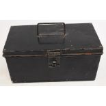 Black japanned cantilever tackle box by Alex Martin of Glasgow, measuring 10”x5”x5”, hinged lid,
