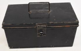 Black japanned cantilever tackle box by Alex Martin of Glasgow, measuring 10”x5”x5”, hinged lid,