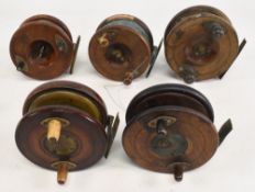 5x English Nottingham wood/brass reels, a 4 ½” starback stamped Patent Sun, with sliding eye line