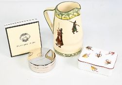 Mixed fishing collectables, as follows: 1x Royal Doulton Isaac Walton ware, 6” jug (small chip to