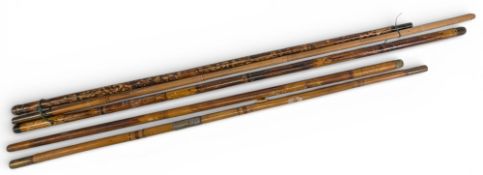 5x Period Bamboo Fishing Handles, and tip holders, one tube marked Hardy Bro for restoration