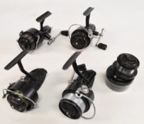 Mitchell 330 Otomatic finger dab reel, a Mitchell 301 RHW reel, another similar but lacking handle