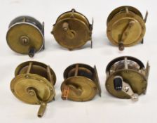 6x assorted brass and alloy reels, 2”-2 ¼”, 5 x crank winds including one by Milbro, plus a BI metal