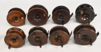 Collection of 8 strapback Nottingham reels, in sizes 3 ½”-4 ½”, 4 x brass backs, 4 x steel backs,