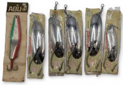 5x Vintage Pflueger Record Spoons Size 7 & 6 No. 1832 fishing lures - all carded and unused, plus an