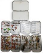 5x Wheatley Slim Alloy Fly Tins, clip and foam examples, 3 with a good collection of salmon flies,