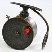Unnamed brass alloy side casting reel in the style of Malloch Patent, 3” alloy spool, red handle,