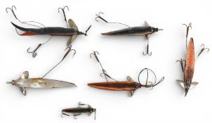 Selection of 5 leather swallow tail and wagtail vintage lures, including a rare Hardy 6” example,