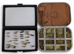 Period Wheatley Fly Box, 10 lidded sections, with leather line section having its original tweezers,