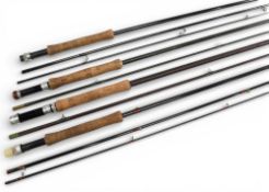 A selection of hollow glass trout fly rods, all with cloth bags, as follows: 2x 11ft 3pc uplocking