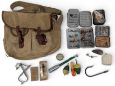 Vintage canvas Hardy Fishing Bag and Tackle, leather trim with shoulder strap, (one buckle