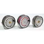 A collection of Sharpes of Aberdeen alloy trout fly reels, all are complete with good constant