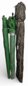 3x Large Fishing Umbrellas: an NGT umbrella with spike, and two green plastic unbranded without