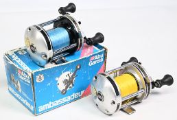 2x Abu Garcia Ambassadeur 6500C multiplier reels foot stamped 89-0-91-92 and 160017/10 – both with