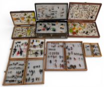 Wooden Fly Boxes, with assorted salmon and trout flies, in used condition