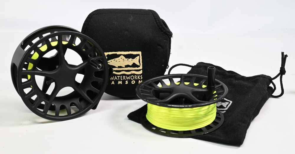 Lamson Remix R4 alloy salmon fly reel with spare spool, 4 3/8” wide deep ‘V’ spool, black handle,