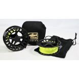 Lamson Remix R4 alloy salmon fly reel with spare spool, 4 3/8” wide deep ‘V’ spool, black handle,