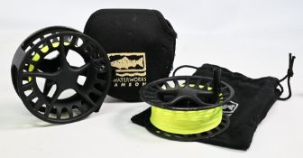 Lamson Remix R4 alloy salmon fly reel with spare spool, 4 3/8” wide deep ‘V’ spool, black handle,