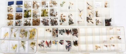 Collection of clear fly boxes, as follows: 2x 8” x 4 ½”, 18-section boxes with large quantity of