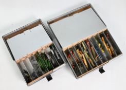 2x vintage crackle finish bait/lure tins by Wheatley, both with leather stud fastening wallet to