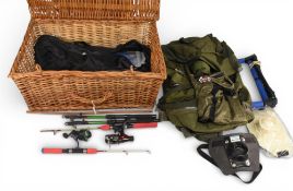 Large wicker hamper/basket of Fishing Tackle Accessories: to include Fladen reel and miniature