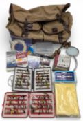 Period canvas Fishing Tackle Bag: leather strap nylon trim (damaged shoulder strap) with contents of