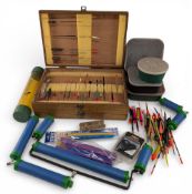 Fishing Accessories, to include a double-sided wooden float tackle box, floats (qty), bait tubs, rod