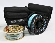 Reddington AL 13/14 alloy salmon fly reel with spare gold spool, 4 ½” perforated wide spool and