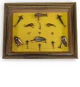Framed Display of Hardy Fishing lures: 3 x wrigglers, 2x heavyweight Devons, 1x Aaro fly, 3x uptrace