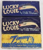 3x vintage boxed American lures, 2x Lucky Louie, and 1x Zimmy plastic plug, very decorative boxes (