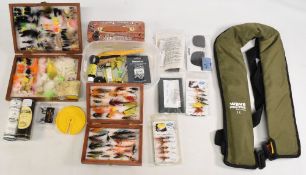 Good collection of trout/salmon flies and accessories, including 2x wooden reservoirs, with large