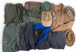 Collection of Fishing, Hunting, and Shooting Clothes and Hats: a suede serge Hervet bomber jacket