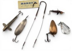 Period Hardy Bros Fishing Lure, Spoon, Sea Fishing Hooks, two large hooks with header card, two
