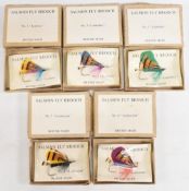 Five Vintage Salmon Fly Brooches, British made in original packets, No.1 Loch Awe, No.3 Loch