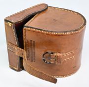 C Farlow & Co, Ltd, 10 Charles Street, and 191 Strand, London, block leather reel case, red baize