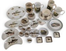 Collection of Fishing Collectable Pottery and China Items: plates, mugs, lidded jars for gentleman’s