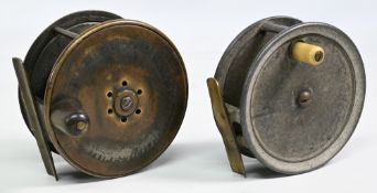 2x Various Reels to incl an unnamed 4 ½” brass salmon fly reel with small perforations to centre
