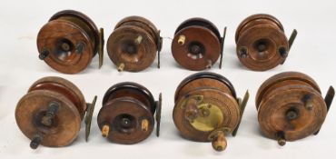 Collection of 8 small English Nottingham wood/brass reels, 2 ½”-3 ½” diameters, a mix of starback,