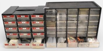 2x multi compartment slide tray boxes holding a variety of single, double and treble salmon hooks,