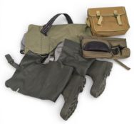Fishing Accessories: a Laurel Tackle rod bag, a good pair of Barbour rubber thigh waders booted size