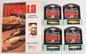 4x Rapala 100th Anniversary lures, 1905-2005 in original boxes with header cards, and Book –