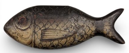 Antique Treen Fish Painted Stamp Holder, hinged with a well painted fish made of olive wood, #13cm